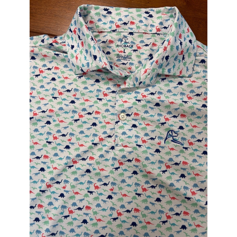 Rhoback Men's White Polo with Multi-Color Dinosaur Print